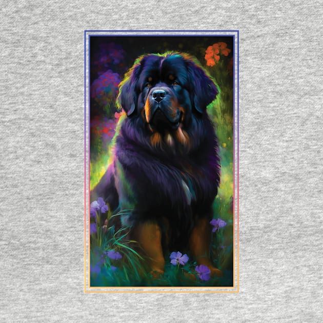 Tibetan Mastiff Dog Vibrant Tropical Flower Tall Digital Oil Painting Portrait 2 by ArtHouseFlunky